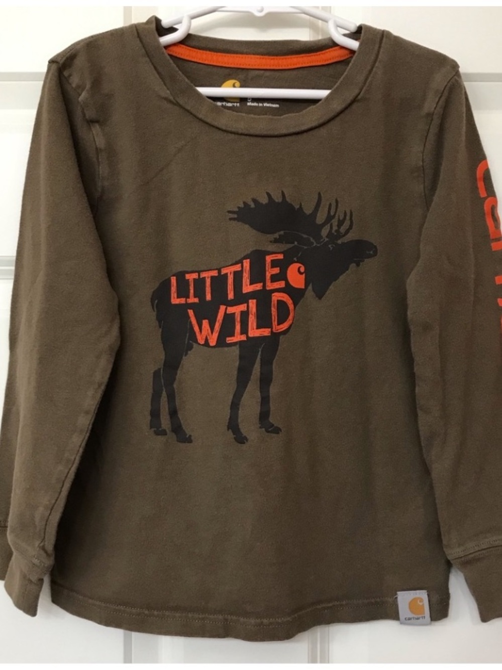 Carhartt Brown Long Sleeve 'Little Wild' Moose Tee with Orange Accents